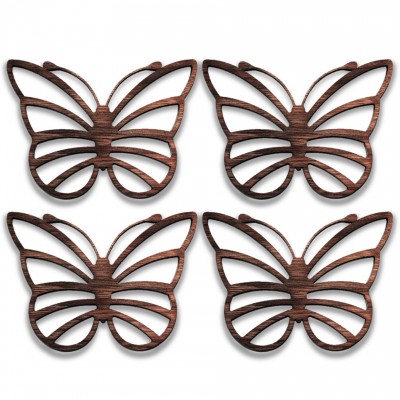 Butterfly 4-Pcs Set - 3 in 1 Multifunction Gift – Coasters, Candle Holders, Hanging Ornaments - Solid Walnut Wood 6mm - Made in Canada